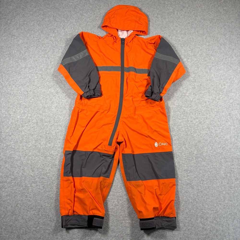 Oaki Rain Suit Kids 3T Orange Gray Hooded Waterproof One Piece Coverall